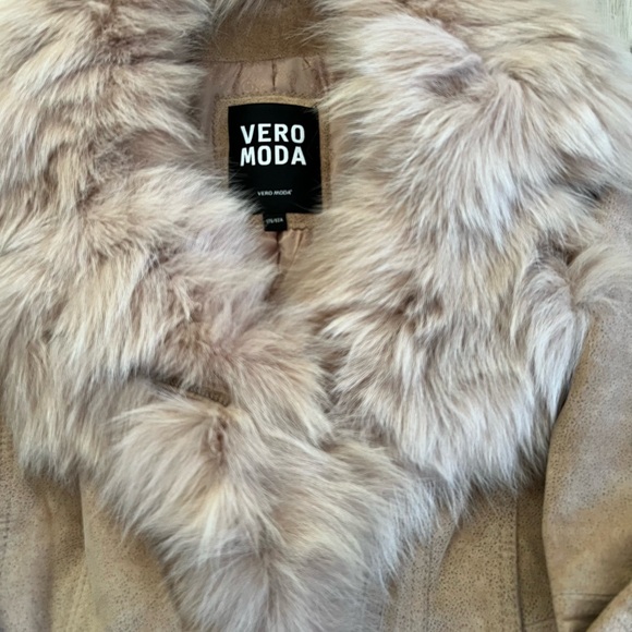 🍂Tan Suede Moto Jacket with Real Fox Fur Trim Size M - Picture 8 of 10